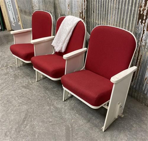 3 Theater Seats, Vintage Red Upholstered Tip-Up Cinema Auditorium Seating, A60