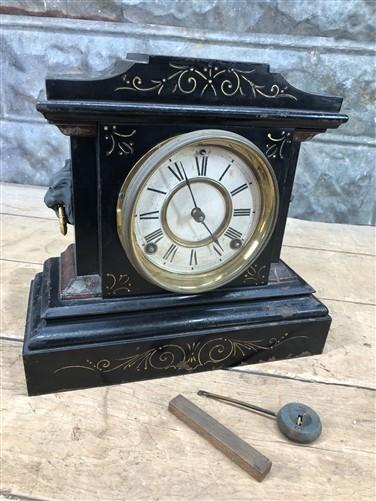 Ansonia Cast Iron Mantel Clock, Antique Wind Up Parlour Shelf Clock w/Pendulum