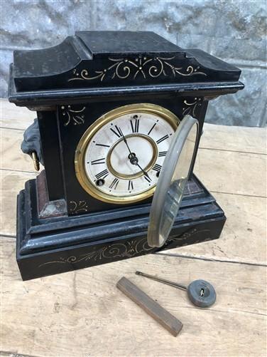 Ansonia Cast Iron Mantel Clock, Antique Wind Up Parlour Shelf Clock w/Pendulum