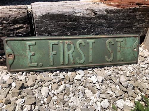 E First St Street Sign, Vintage Green Road Sign, 24x6 Metal Wall Sign Garage B