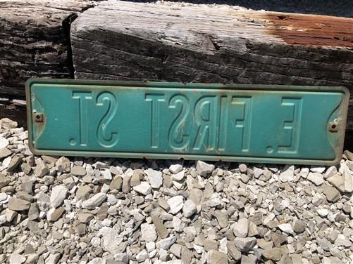E First St Street Sign, Vintage Green Road Sign, 24x6 Metal Wall Sign Garage B