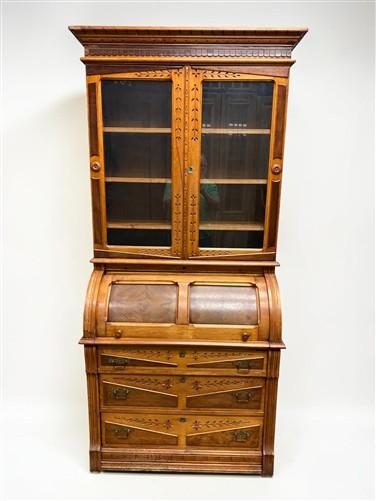 Antique Eastlake Secretary Desk, Bookcase, Cylinder Roll Top, Victorian Hutch