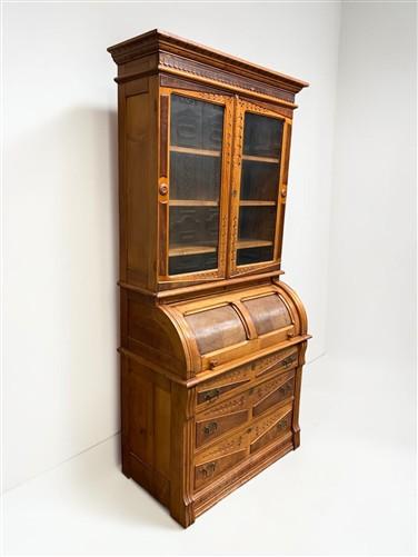 Antique Eastlake Secretary Desk, Bookcase, Cylinder Roll Top, Victorian Hutch