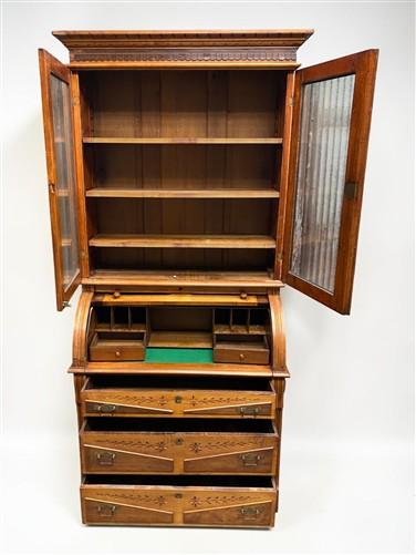 Antique Eastlake Secretary Desk, Bookcase, Cylinder Roll Top, Victorian Hutch