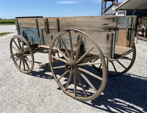 Horse Drawn Farm Wagon, Vintage Blue Wood Hay Wagon, Steel Rim Wheels, Primitive