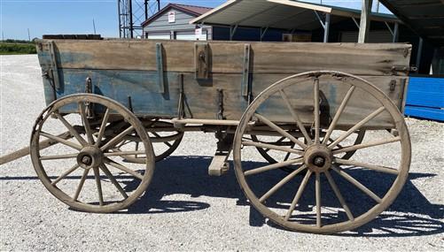 Horse Drawn Farm Wagon, Vintage Blue Wood Hay Wagon, Steel Rim Wheels, Primitive
