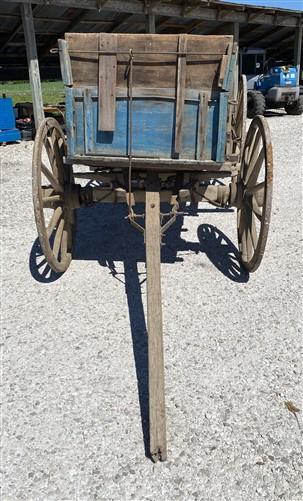 Horse Drawn Farm Wagon, Vintage Blue Wood Hay Wagon, Steel Rim Wheels, Primitive