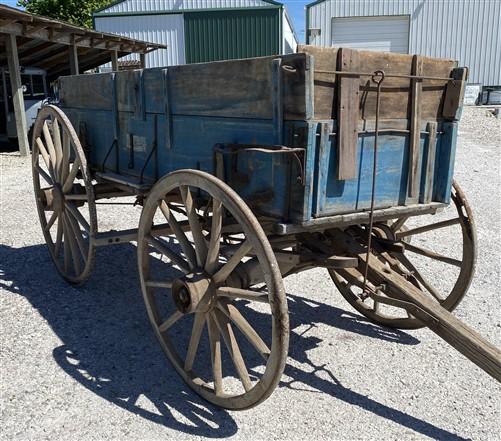 Horse Drawn Farm Wagon, Vintage Blue Wood Hay Wagon, Steel Rim Wheels, Primitive