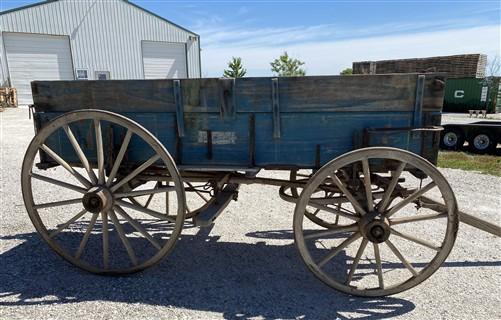 Horse Drawn Farm Wagon, Vintage Blue Wood Hay Wagon, Steel Rim Wheels, Primitive