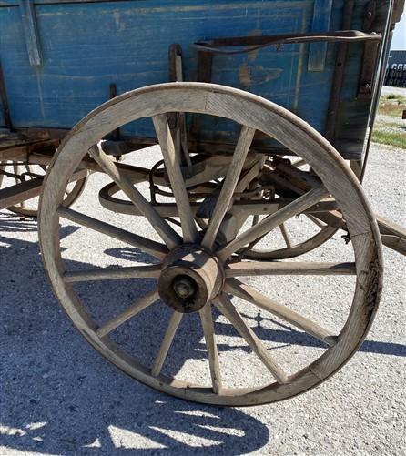 Horse Drawn Farm Wagon, Vintage Blue Wood Hay Wagon, Steel Rim Wheels, Primitive