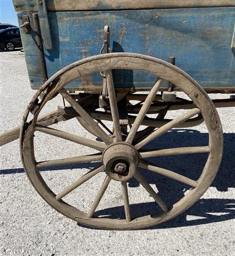 Horse Drawn Farm Wagon, Vintage Blue Wood Hay Wagon, Steel Rim Wheels, Primitive