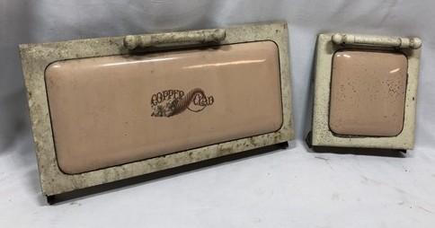 2 Copper Clad Stove Doors, Vintage Retro Porcelain Enamel Range Parts Repair b