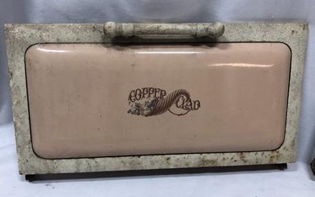 2 Copper Clad Stove Doors, Vintage Retro Porcelain Enamel Range Parts Repair b