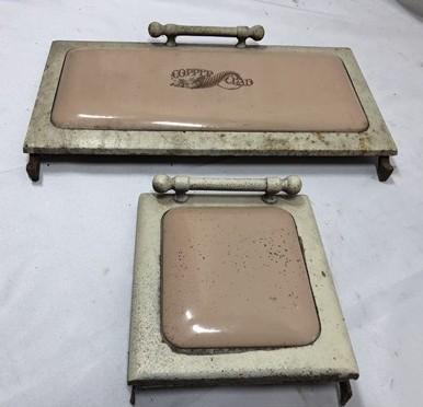 2 Copper Clad Stove Doors, Vintage Retro Porcelain Enamel Range Parts Repair b