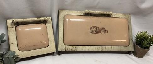 2 Copper Clad Stove Doors, Vintage Retro Porcelain Enamel Range Parts Repair A