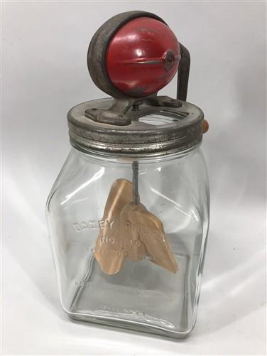 Dazey No 40 Butter Churn, Red Football Top Glass Hand Crank Wood Paddle Churn