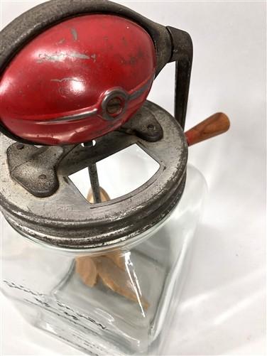 Dazey No 40 Butter Churn, Red Football Top Glass Hand Crank Wood Paddle Churn
