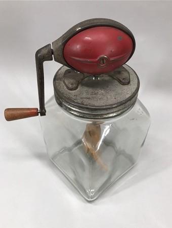 Dazey No 40 Butter Churn, Red Football Top Glass Hand Crank Wood Paddle Churn