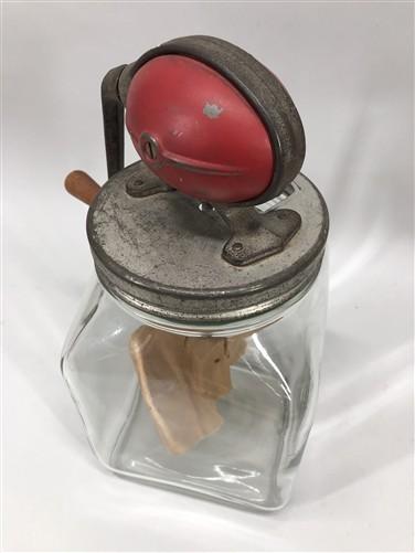 Dazey No 40 Butter Churn, Red Football Top Glass Hand Crank Wood Paddle Churn