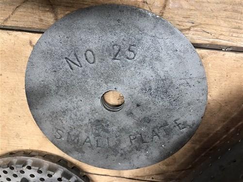 Lard Press No 25 Small Plate, Strainer Plate, Strainer Basket, Cast Iron Parts A