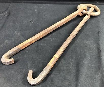 Blacksmith Metalworking Tong Tool, Vintage Cast Iron Large Hand Forged Tongs