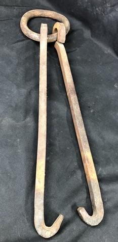Blacksmith Metalworking Tong Tool, Vintage Cast Iron Large Hand Forged Tongs