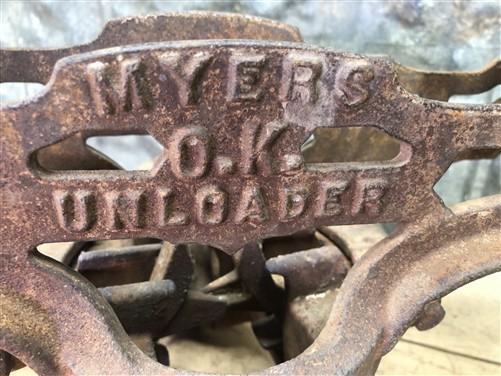 Myers OK Unloader Hay Trolley, Cast Iron Barn Carrier Rustic Vintage Farm Tool H