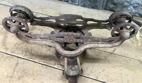 Myers OK Unloader Hay Trolley, Cast Iron Barn Carrier Rustic Vintage Farm Tool H