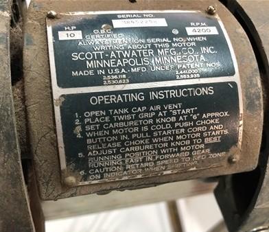1954 Scott Atwater Bail a matic Boat Motor, 10Hp Classic Outboard Ser #38452258