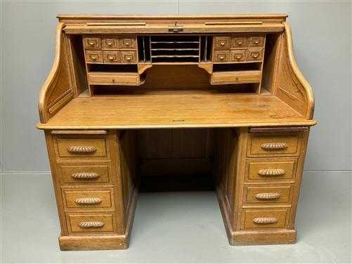 53" Oak Roll Top Desk Vintage Style Executive Pedestal Desk Tambour Writing Desk