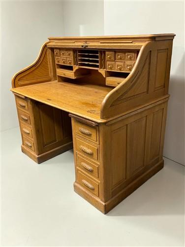 53" Oak Roll Top Desk Vintage Style Executive Pedestal Desk Tambour Writing Desk