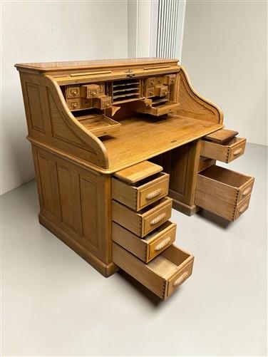53" Oak Roll Top Desk Vintage Style Executive Pedestal Desk Tambour Writing Desk