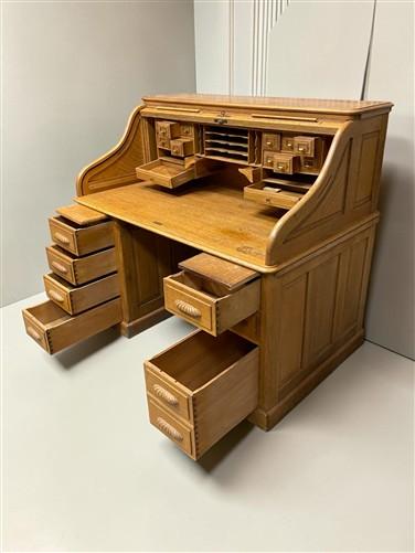 53" Oak Roll Top Desk Vintage Style Executive Pedestal Desk Tambour Writing Desk