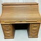 53" Oak Roll Top Desk Vintage Style Executive Pedestal Desk Tambour Writing Desk