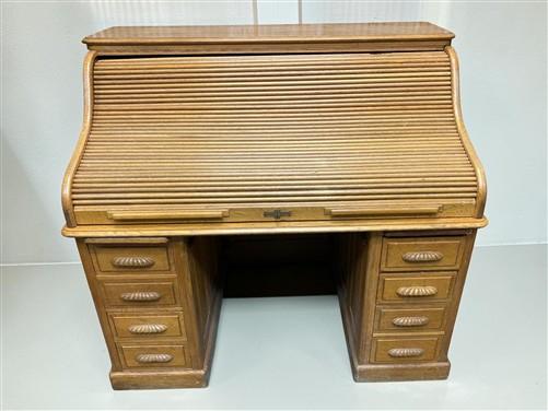 53" Oak Roll Top Desk Vintage Style Executive Pedestal Desk Tambour Writing Desk