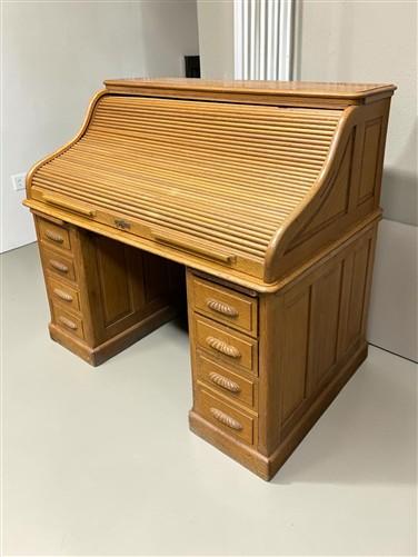 53" Oak Roll Top Desk Vintage Style Executive Pedestal Desk Tambour Writing Desk