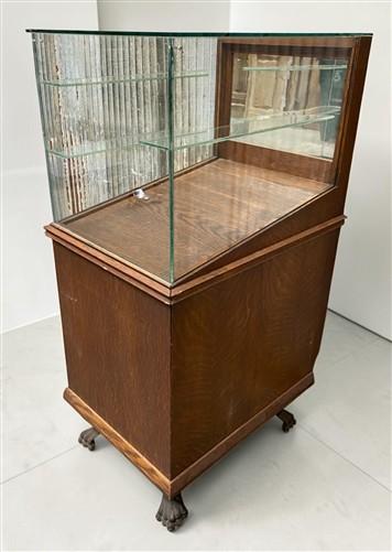 Vintage Oak Glass Store Display Showcase Counter Display Cabinet w/Mirror Back