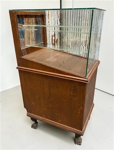 Vintage Oak Glass Store Display Showcase Counter Display Cabinet w/Mirror Back