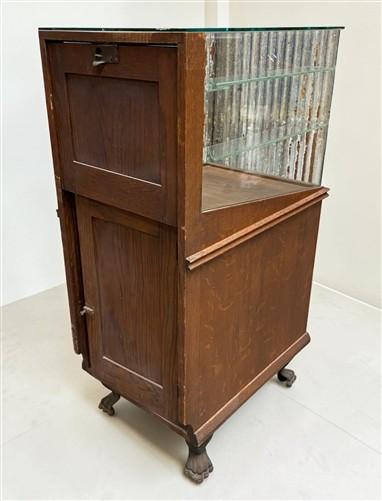 Vintage Oak Glass Store Display Showcase Counter Display Cabinet w/Mirror Back