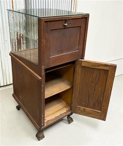 Vintage Oak Glass Store Display Showcase Counter Display Cabinet w/Mirror Back