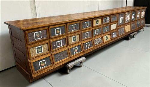 15'9" Bean Seed Counter, Vintage Oak Mercantile Store Display Cabinet Drawers