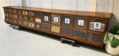 15'9" Bean Seed Counter, Vintage Oak Mercantile Store Display Cabinet Drawers