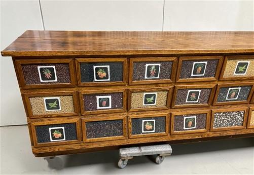 15'9" Bean Seed Counter, Vintage Oak Mercantile Store Display Cabinet Drawers