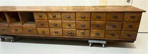 15'9" Bean Seed Counter, Vintage Oak Mercantile Store Display Cabinet Drawers