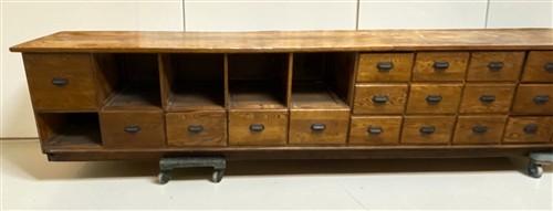 15'9" Bean Seed Counter, Vintage Oak Mercantile Store Display Cabinet Drawers