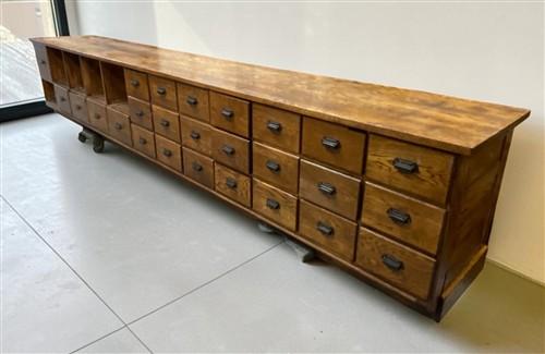 15'9" Bean Seed Counter, Vintage Oak Mercantile Store Display Cabinet Drawers
