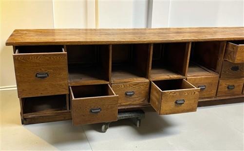 15'9" Bean Seed Counter, Vintage Oak Mercantile Store Display Cabinet Drawers