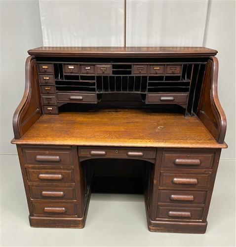 56" Oak Secretary Desk with Pigeonholes and Multi Drawer Interior Vintage Desk