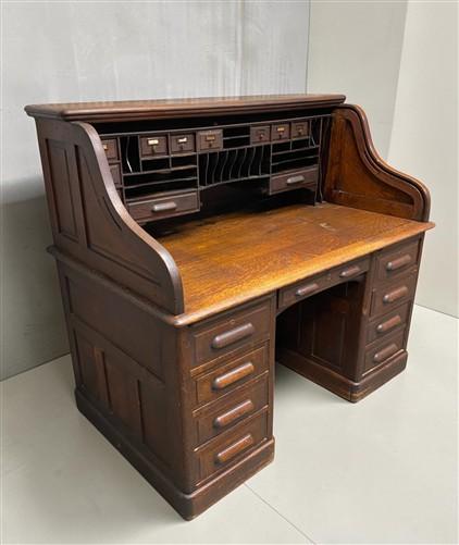 56" Oak Secretary Desk with Pigeonholes and Multi Drawer Interior Vintage Desk