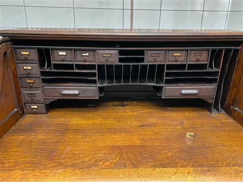 56" Oak Secretary Desk with Pigeonholes and Multi Drawer Interior Vintage Desk